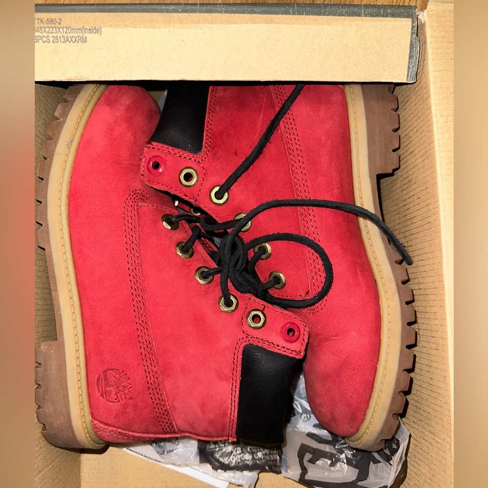 Red timberland boots